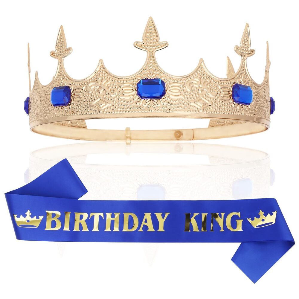 7288 Amairver King Crown and Sash - Gold Blue Kings Tiaras for Birthday